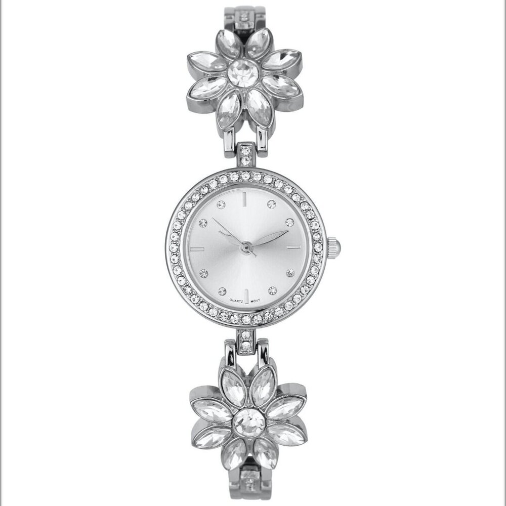 Charter Club Silver-Tone Mixed Metal Crystal Flower Bracelet Watch, 25mm NEW